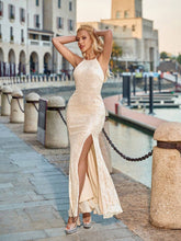 D&M Gorgeous Sequined Backless High Slit Cami Party Dress